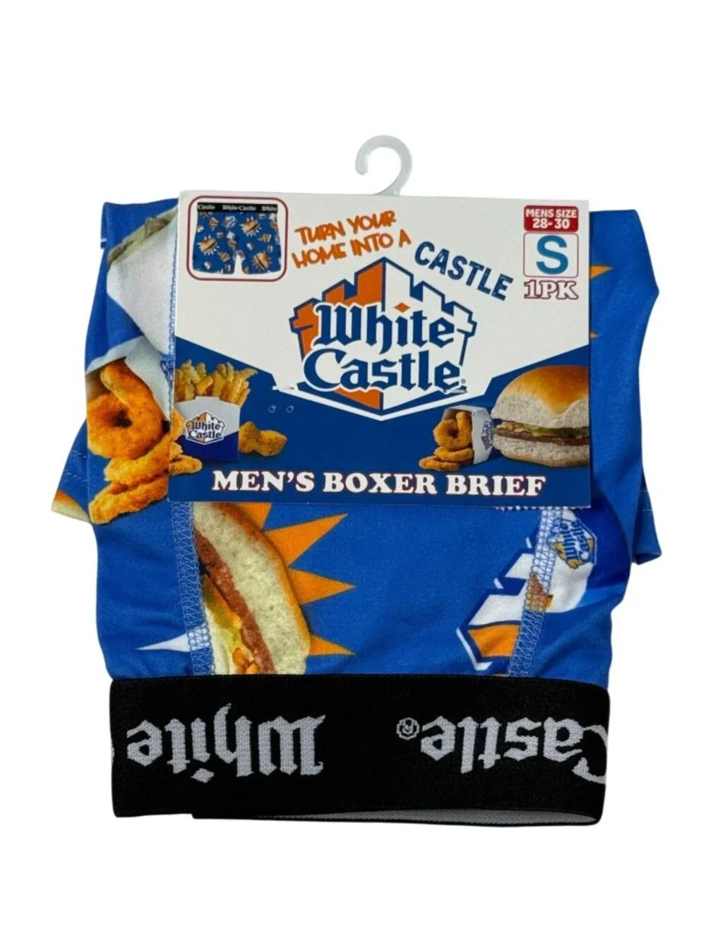 White Castle Men's Boxer Brief Size S Blue Burger Fries Novelty Underwear